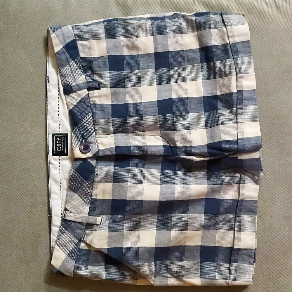 OBEY plaid shorts - Womens size 27 - 100% cotton - Blue White Ivory Checked
